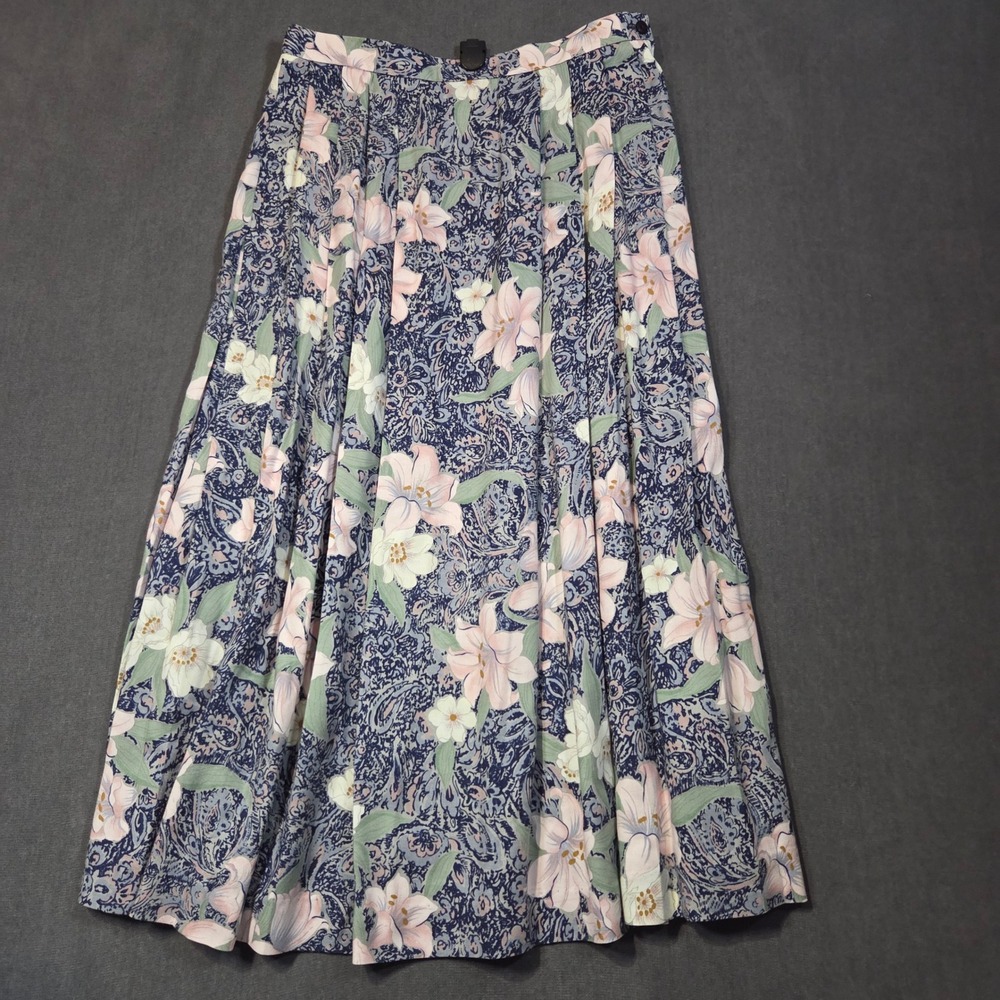 Vtg Pendleton Maxi Skirt Womens 10 Blue Floral Pleated Rayon Wool Blend A-Line